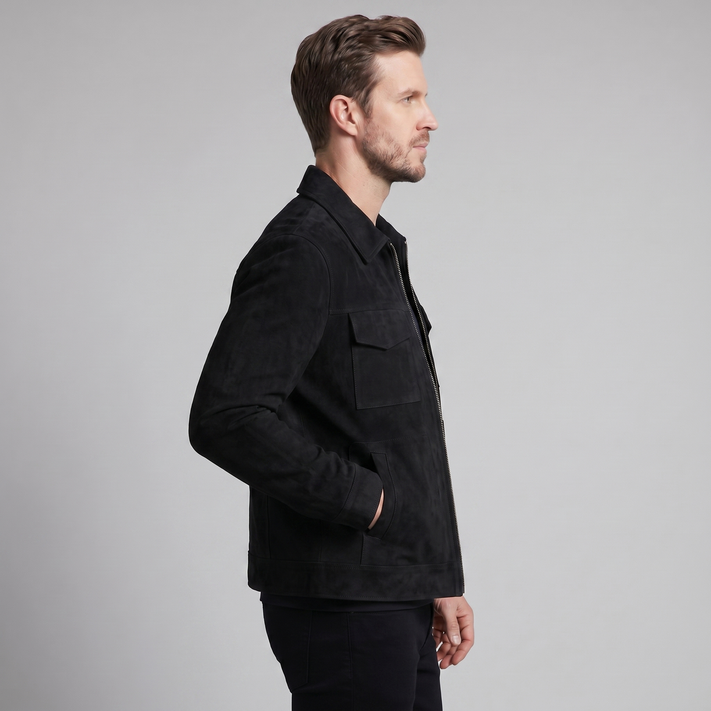 Men's Suede Jacket with Zip-Collar