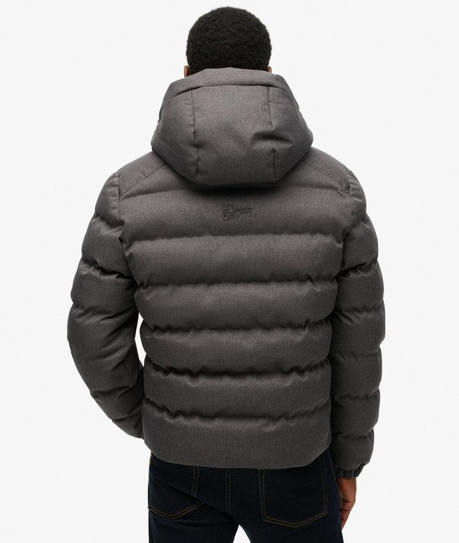 jaqueta Masculina Puffer Esportiva com Capuz em Tweed