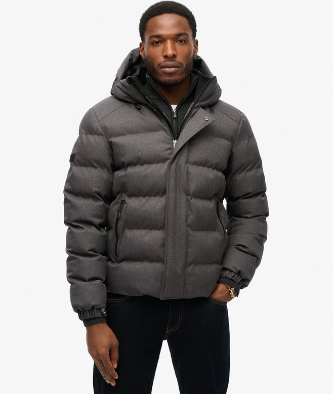 jaqueta Masculina Puffer Esportiva com Capuz em Tweed