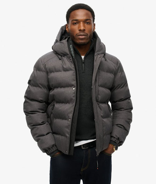 jaqueta Masculina Puffer Esportiva com Capuz em Tweed