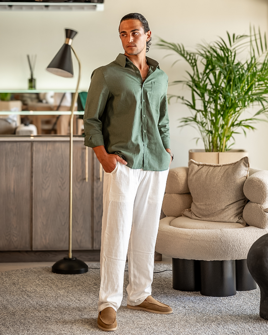 Wearing Men Linen Long Sleeve Set