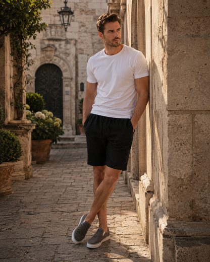 Wearing the Men's Linen Drawstring Shorts