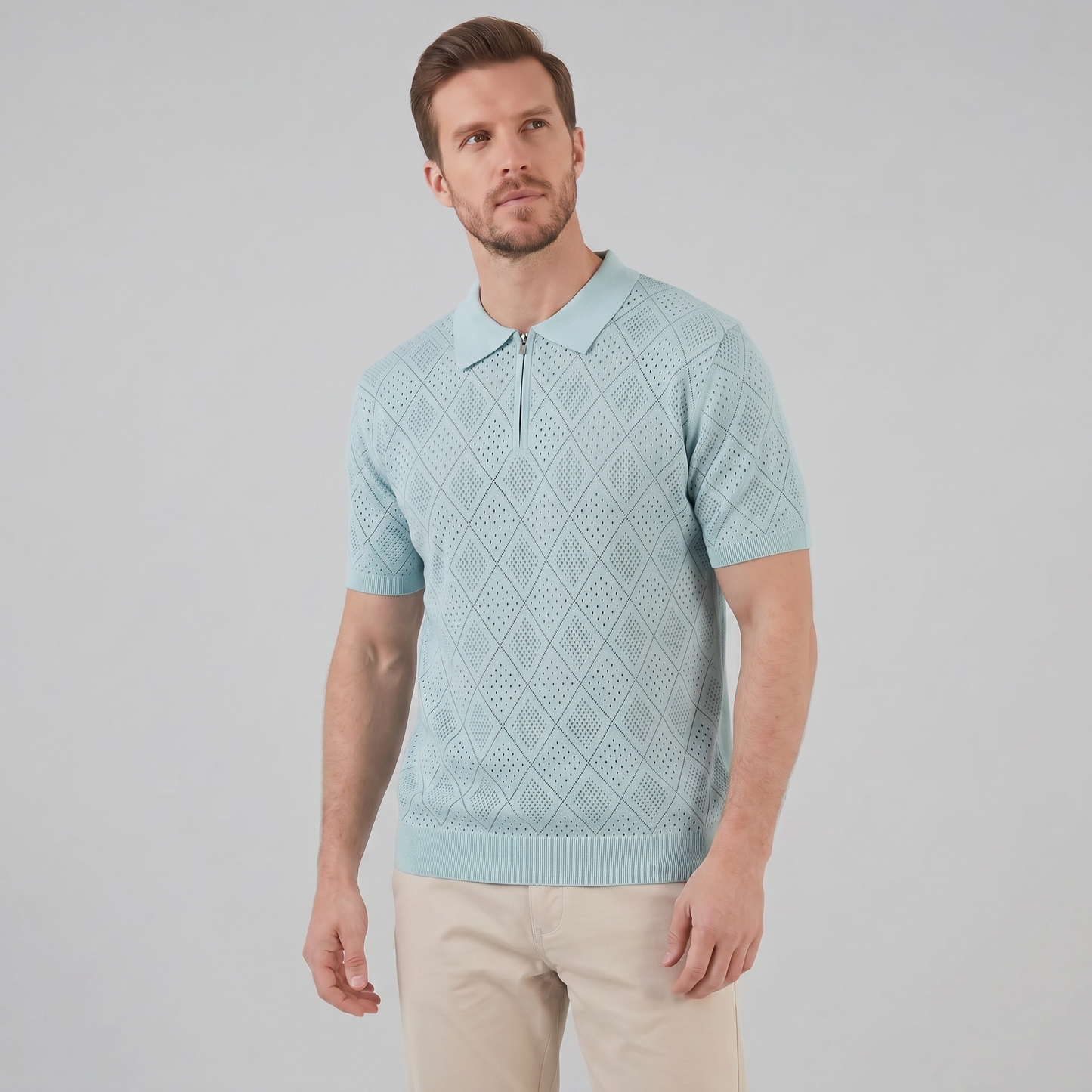 Men's Argyle Pointelle Summer Zip Polo