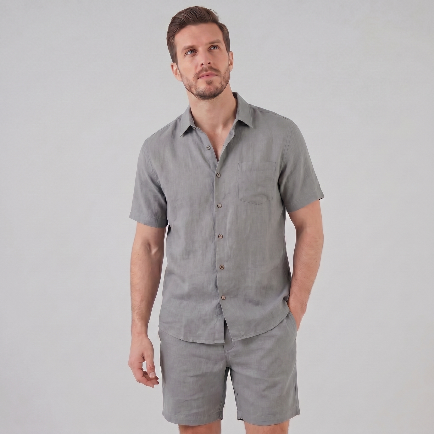 Men's Linen Camp Collar Shirt and Shorts Set