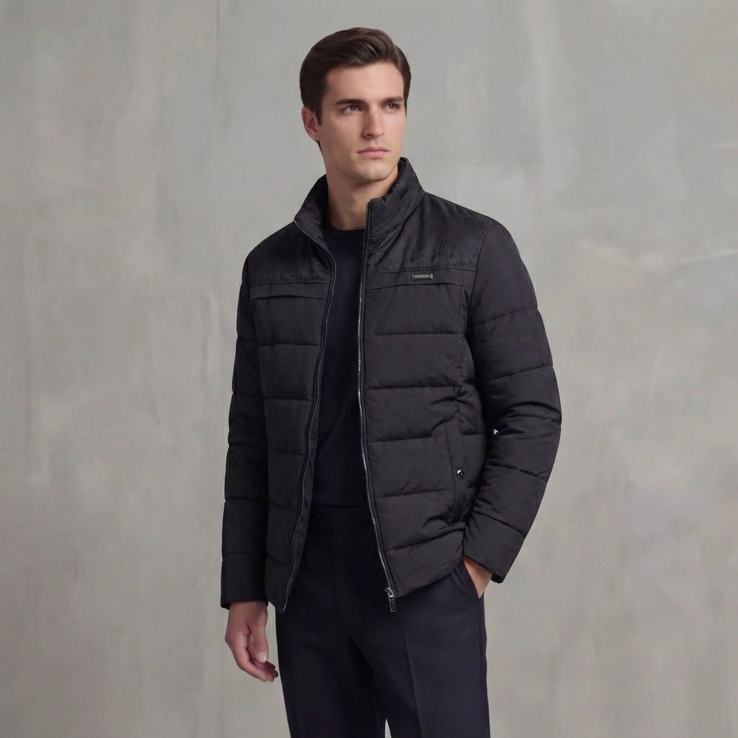 Men's Quilted Fleece Jacket with Stand-Up Collar