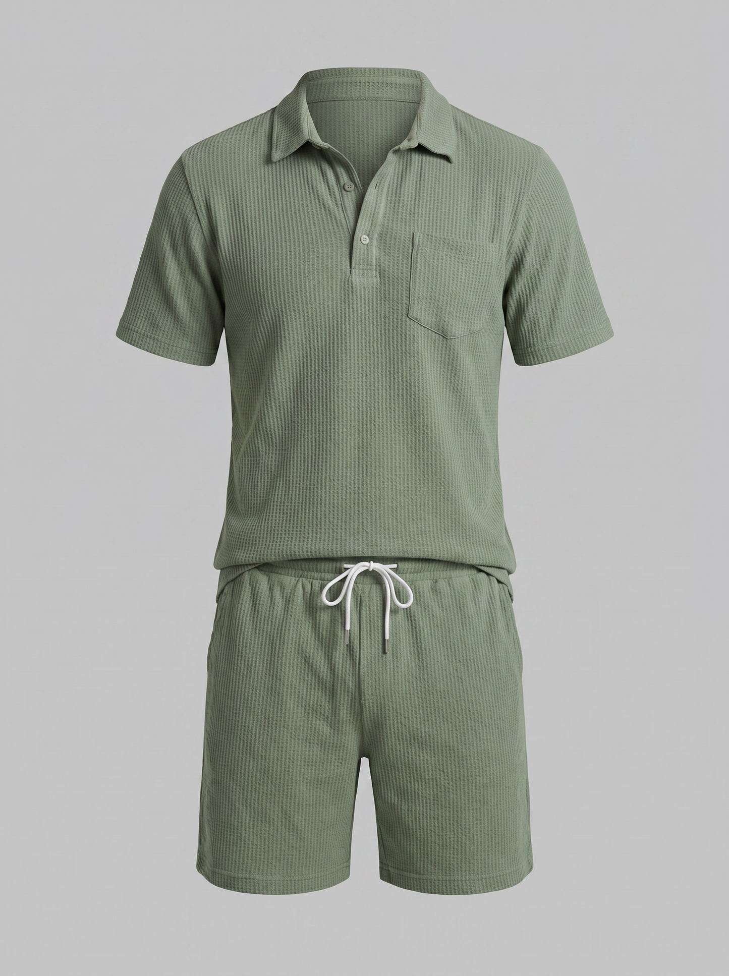 Men's Textured Knit Two Piece Set with Polo and Shorts