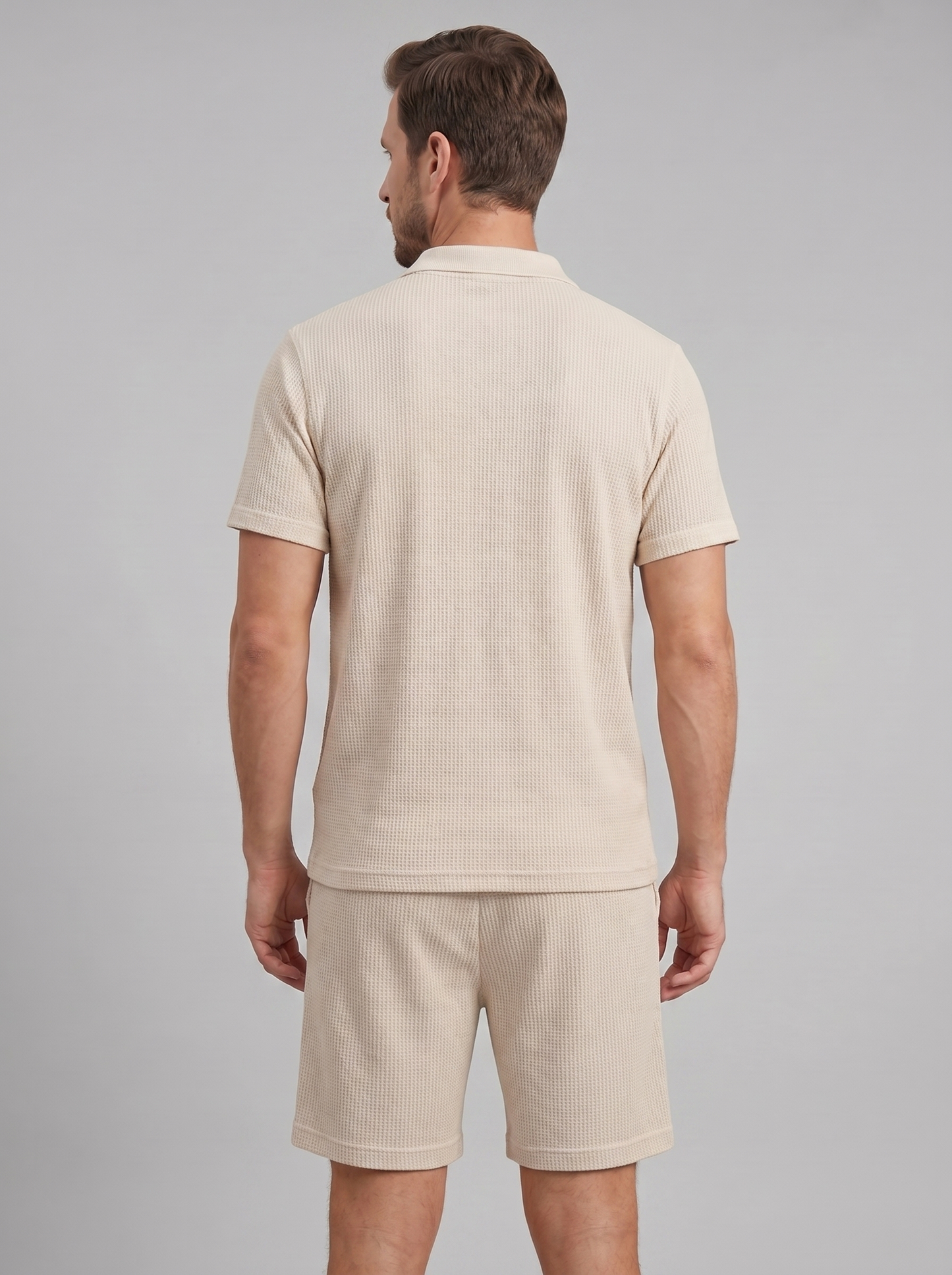 Men's Textured Knit Two Piece Set with Polo and Shorts