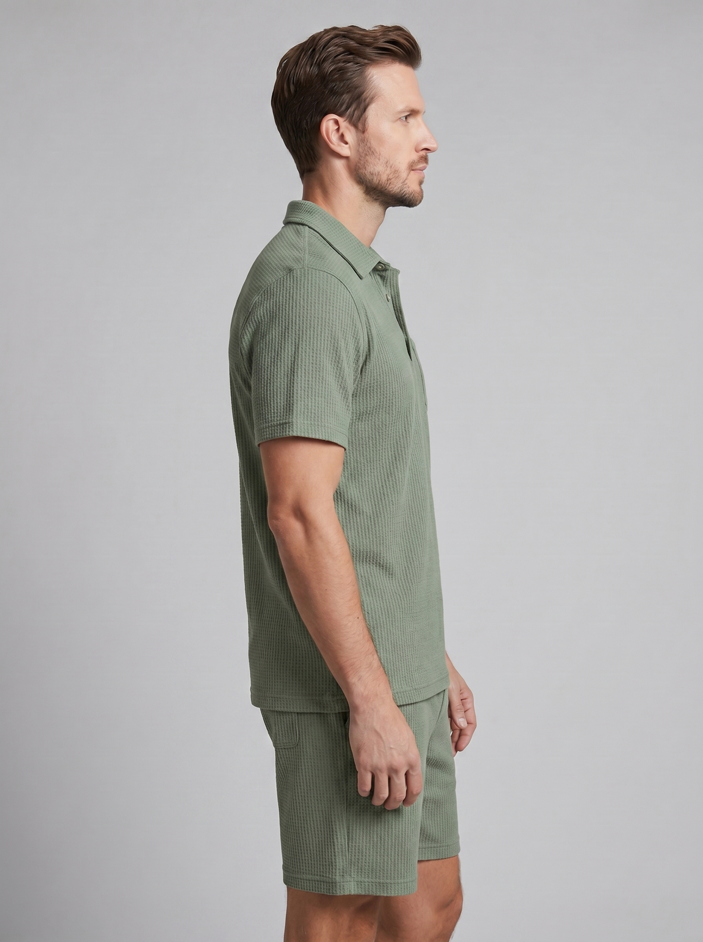 Men's Textured Knit Two Piece Set with Polo and Shorts