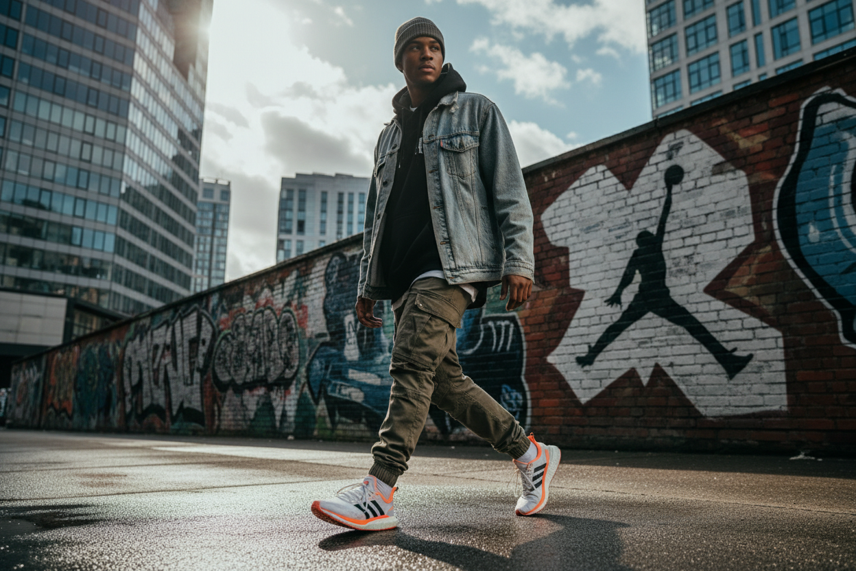 Faça uma banner da adidas estilo street wear, a pessoa usando adidas adizero porém não quero nenhuma escrita na imagem