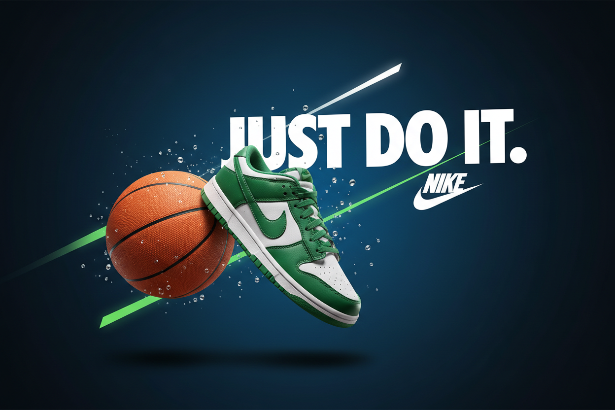 Gere pra mim um banner da nike, com a seguinte fala just do it. 
tenha uma bola de basque na imagem e um tenis nike dunk verde nele
