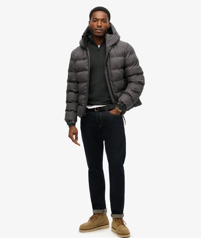 jaqueta Masculina Puffer Esportiva com Capuz em Tweed
