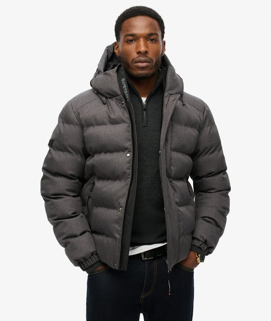 jaqueta Masculina Puffer Esportiva com Capuz em Tweed